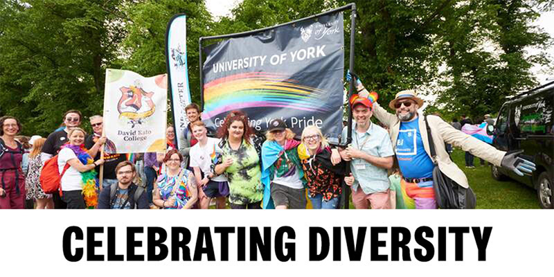 A group of people posing for a group photo. Text reads: Celebrating diversity